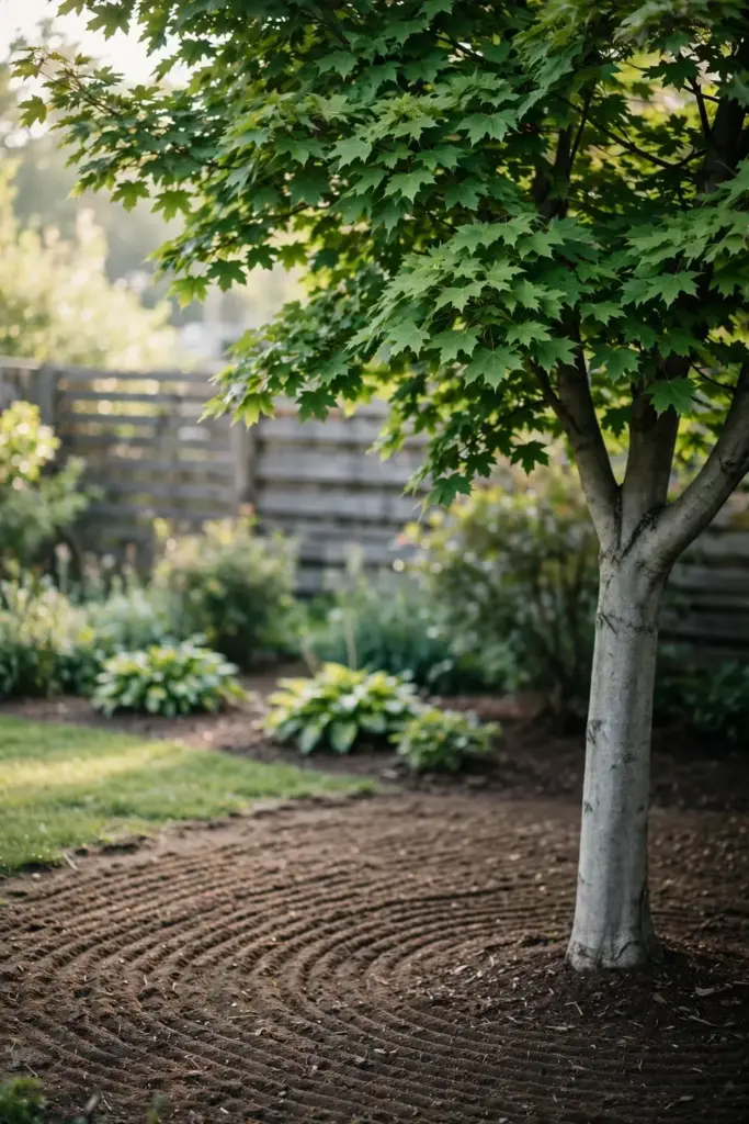 Healthy maple with a clean raked floor under the canopy.