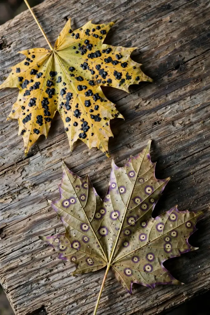 Two maple leaves compared on a timber board, tar spot against purple-bordered spots.