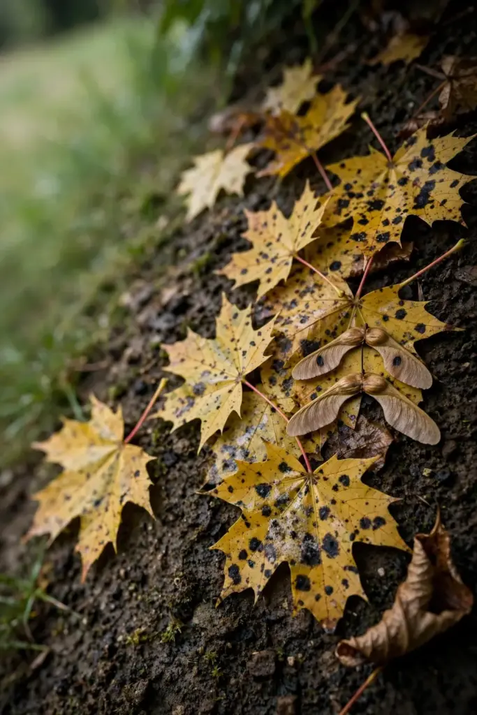 Fallen spotted maple leaves and winged seeds on damp ground.
