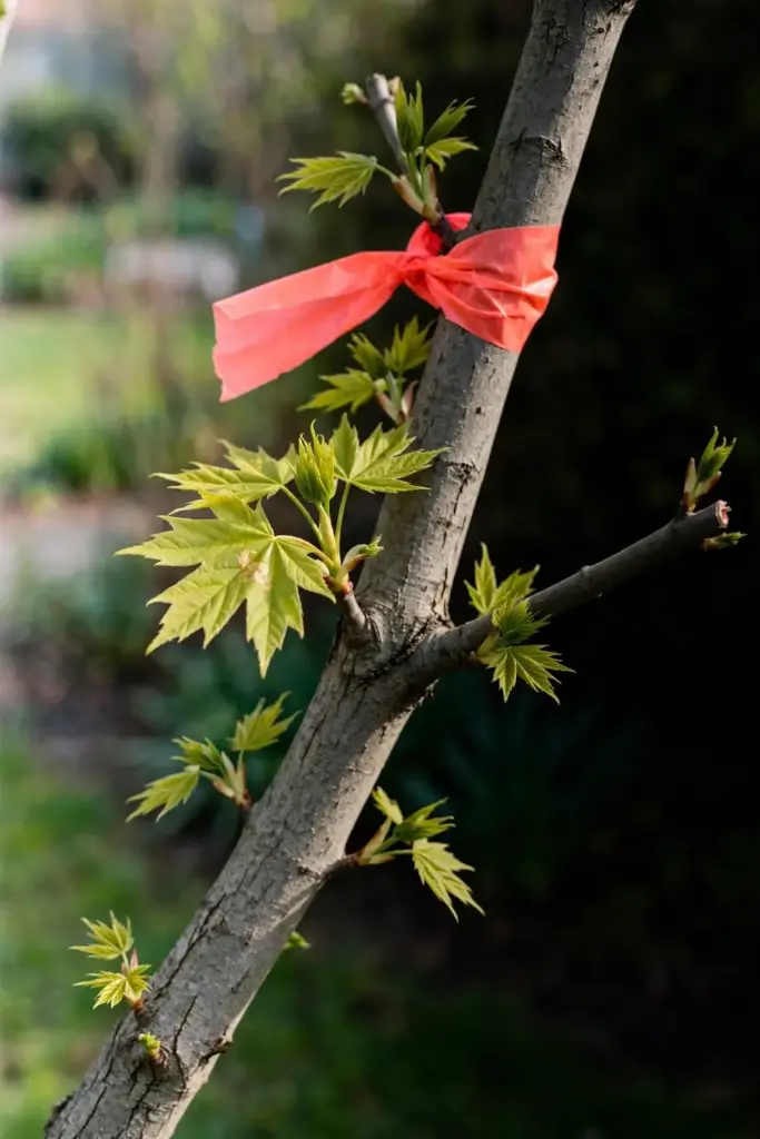 Maple branch with flagging tape and fresh spring leaves.