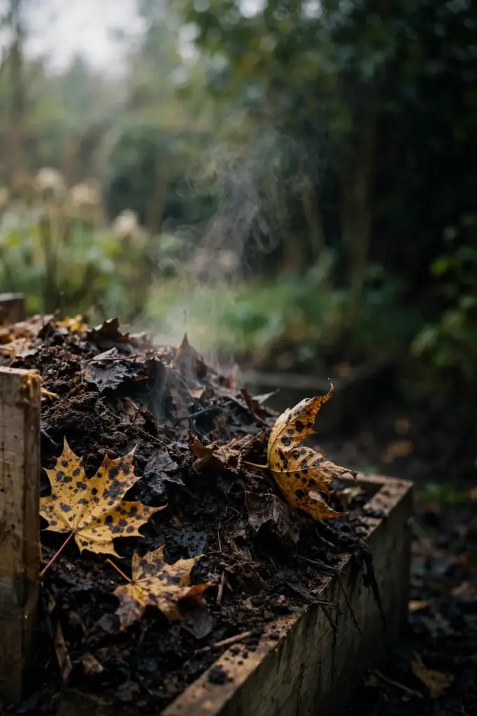 Steaming hot compost pile with maple leaves on top.