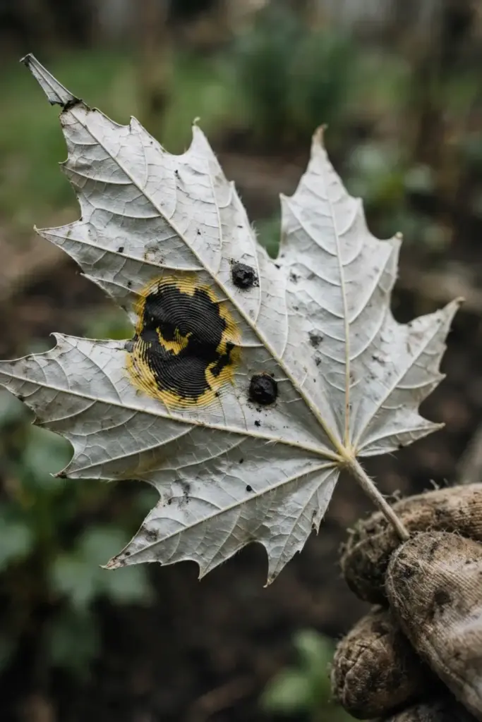 Maple leaf with raised tar spots, steadied by a worn garden mitt.
