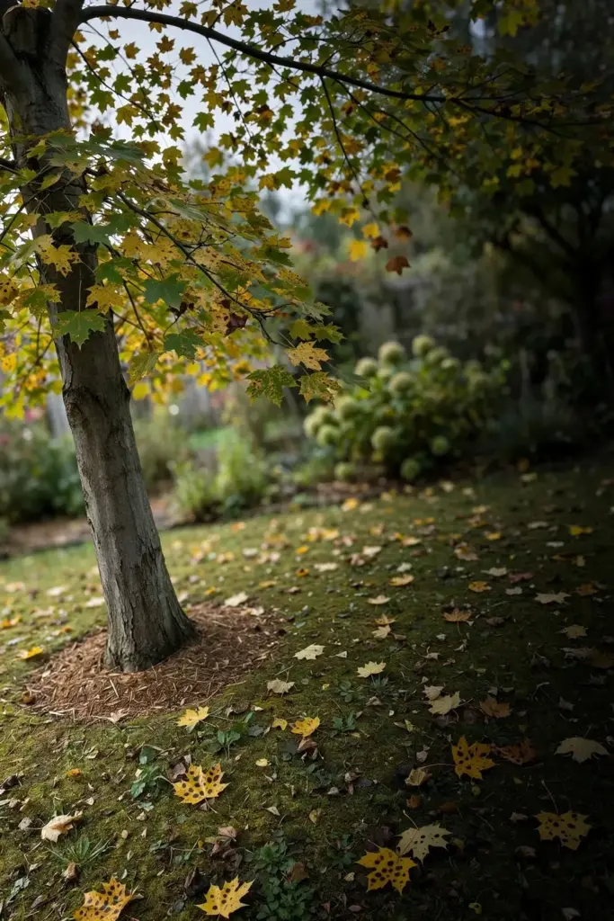 Older maple with a thinning canopy and spotted fallen leaves below.