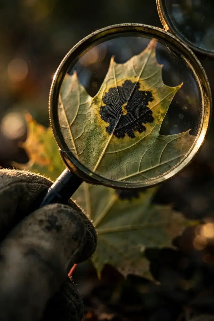 Magnifying glass over tar spots on a maple leaf.