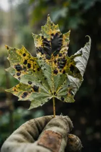 Spotted maple leaf with raised black tar spots, steadied by a worn garden mitt