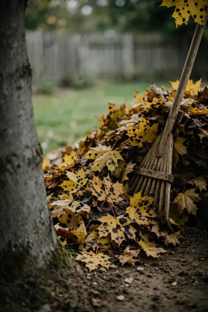Rake standing in a pile of spotted maple leaves under a tree.