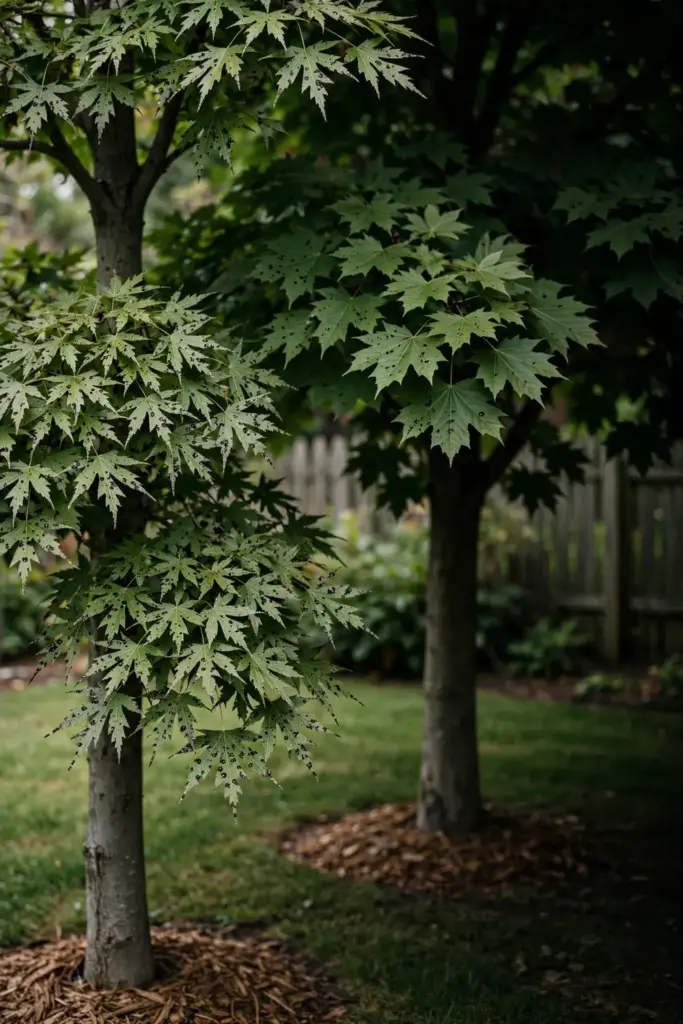 Two maple trees with spotted canopies in a home garden.
