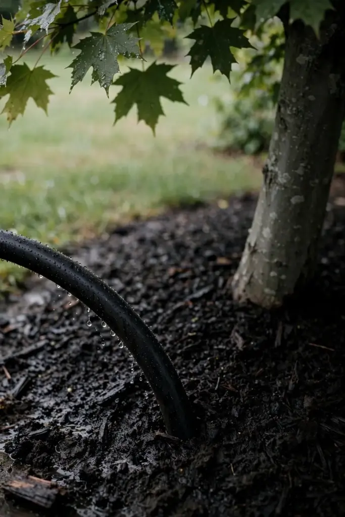 Soaker hose watering a mulched maple root zone.