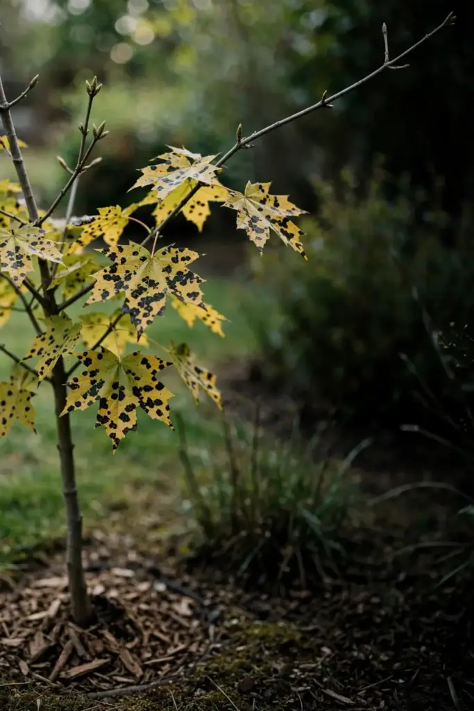 Young maple with spotted leaves and healthy twigs in a garden bed.