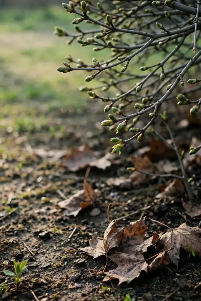 Bare maple branches with swelling buds over leftover spring litter.
