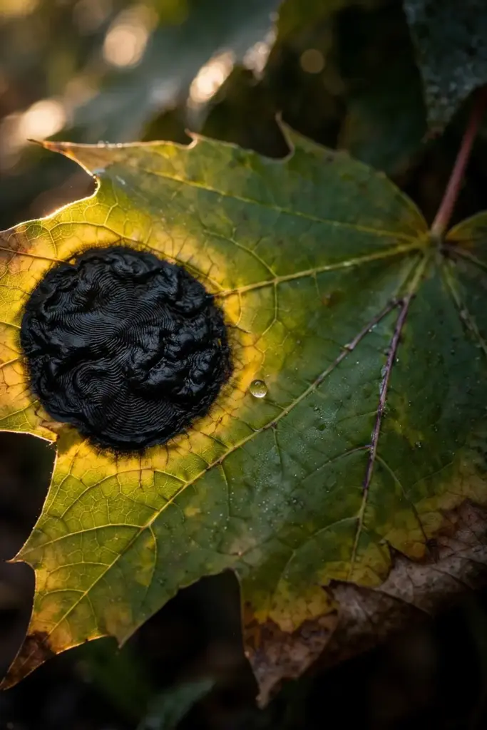 Raised black tar spot stroma with fingerprint ridges on a maple leaf.