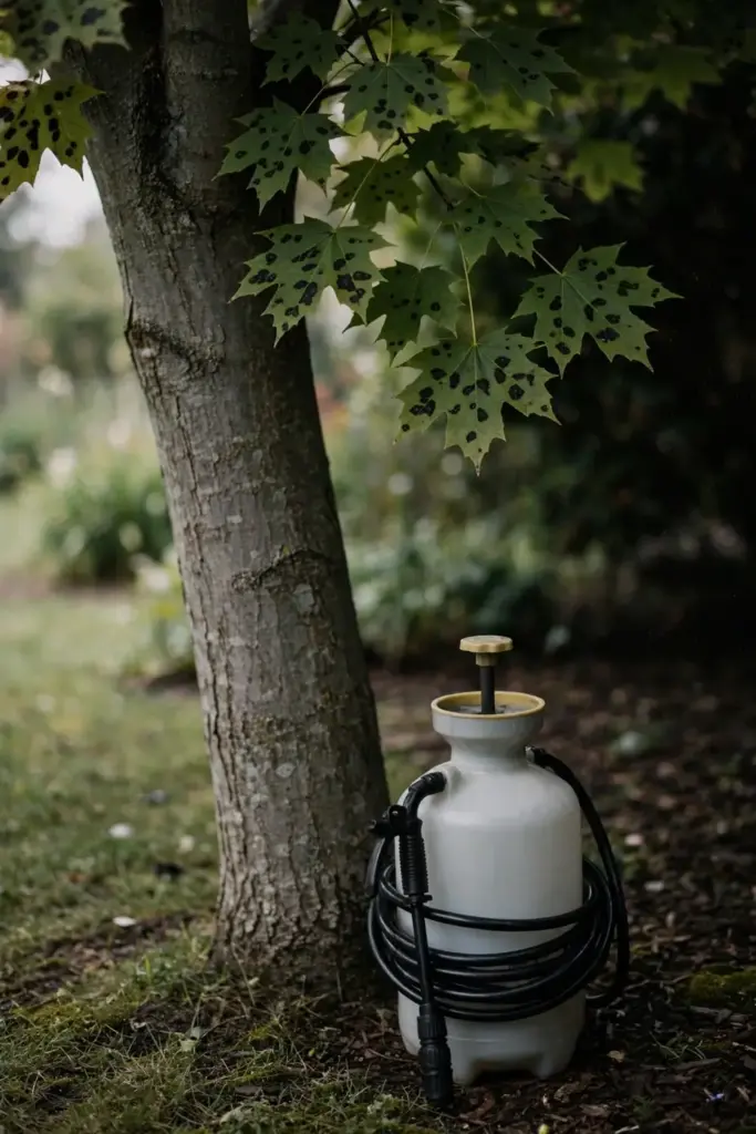 Unused pump sprayer standing beside a spotted maple trunk.
