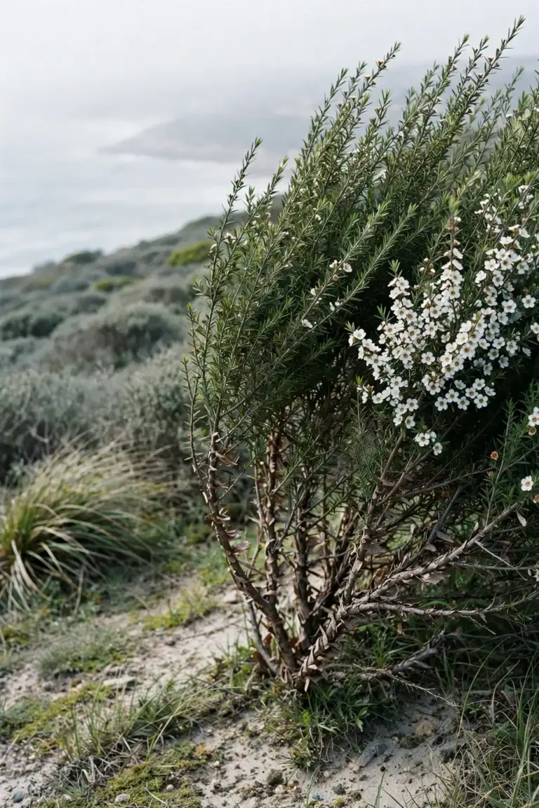 Tea tree shrub flowering on a windy coastal slope above the sea