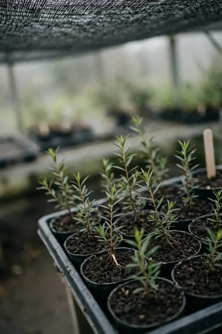 Tray of small tea tree cuttings rooting in pots of dark mix