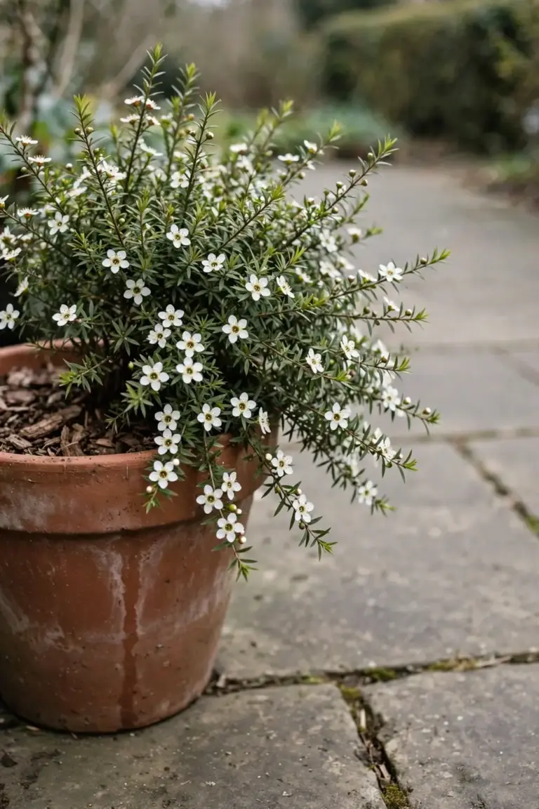 Dwarf tea tree with white flowers growing in a terracotta pot on a patio