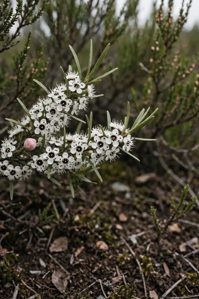 Tea-Tree flowers with small white five petal cups packed along a branch