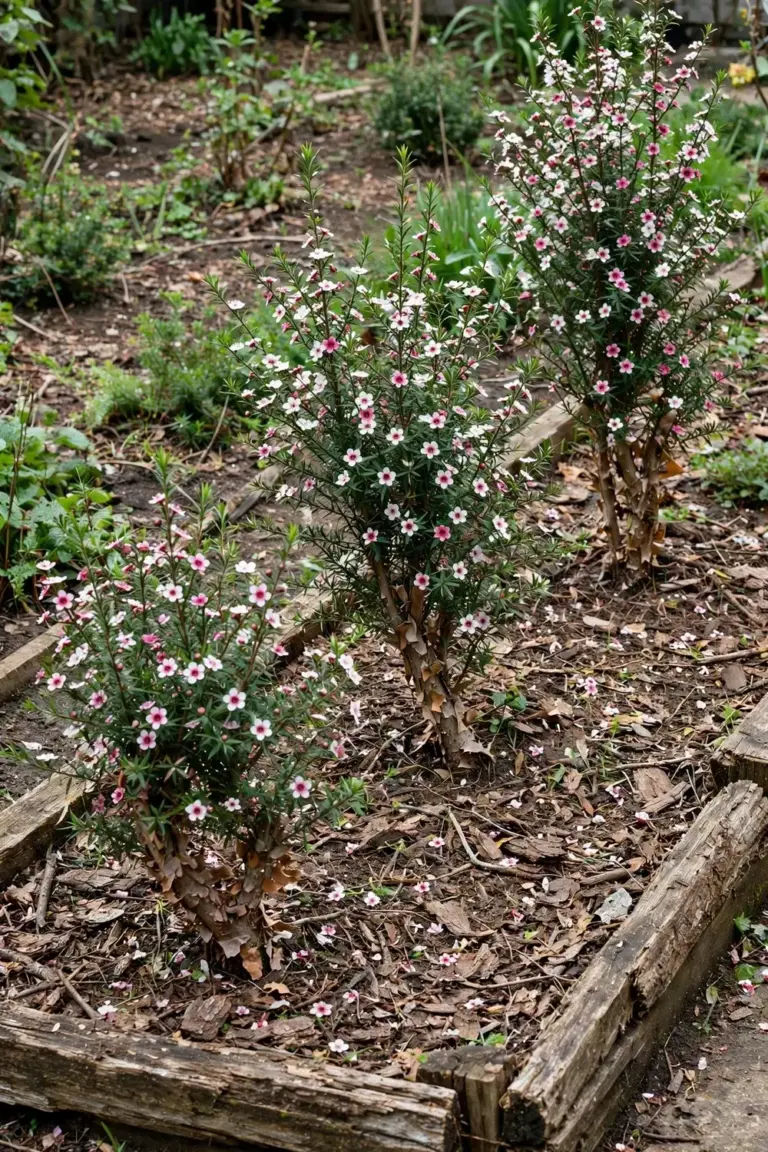 Garden bed with several tea tree shrubs in flower