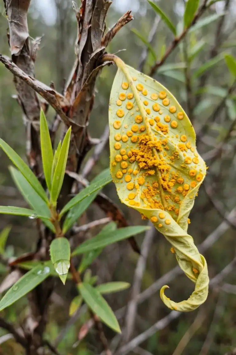 Young tea tree leaf with yellow-orange myrtle rust pustules