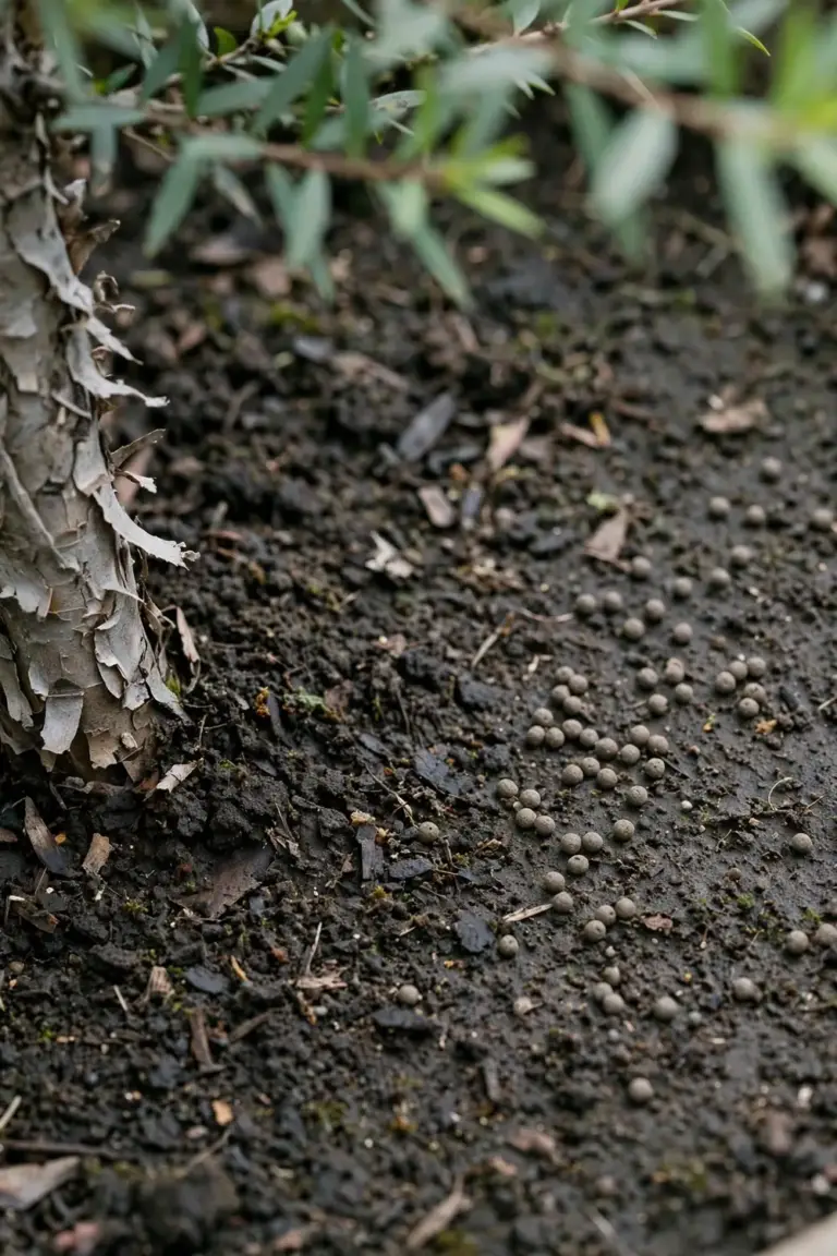 Slow-release native fertilizer granules scattered thinly on soil at a tea tree base