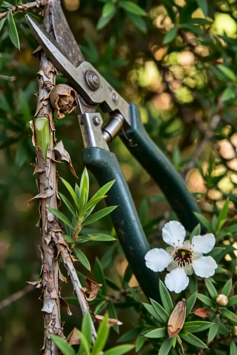 Secateurs resting against a tea tree stem beside a freshly cut spent flowerhead