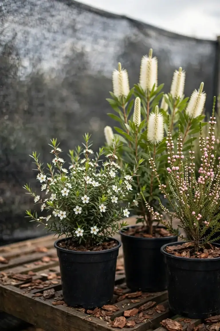 Three potted shrubs with different leaves and flowers standing side by side