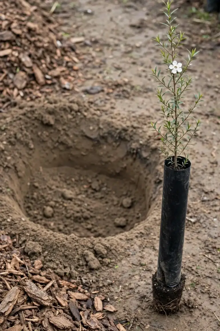 Young tea tree in tube stock beside a freshly dug planting hole with a soil mound
