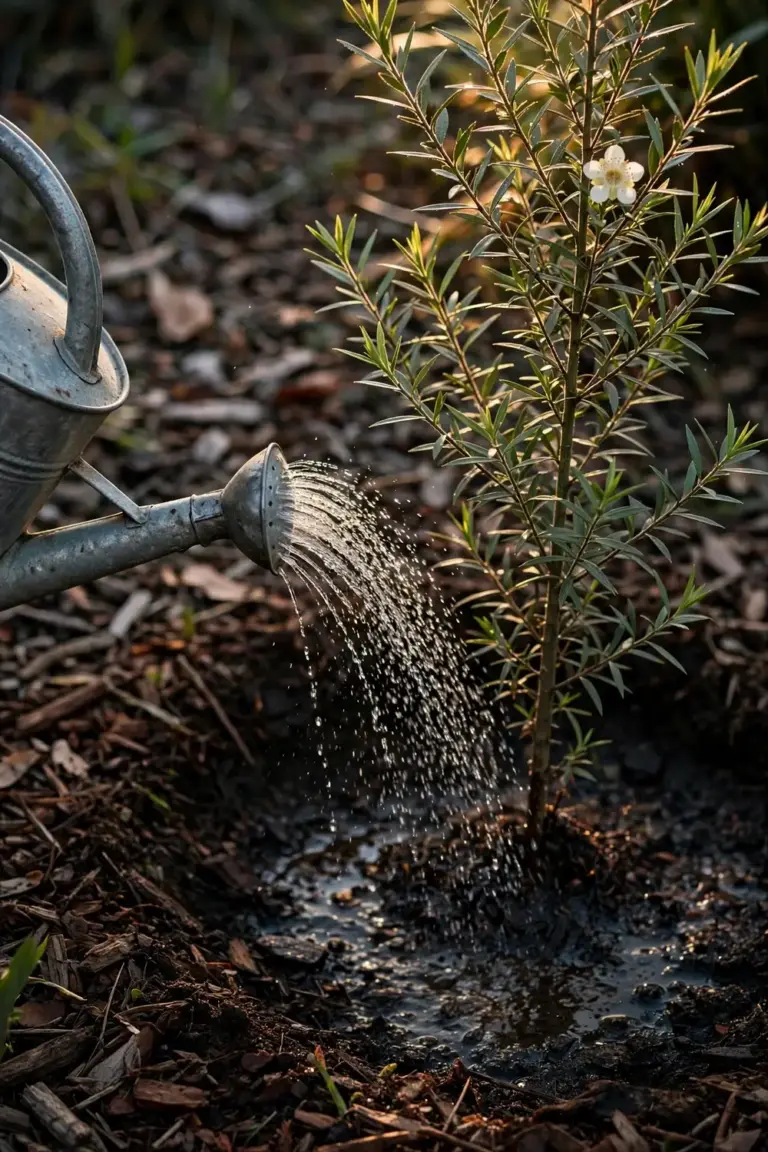 Watering can tipping water onto the root zone of a young tea tree