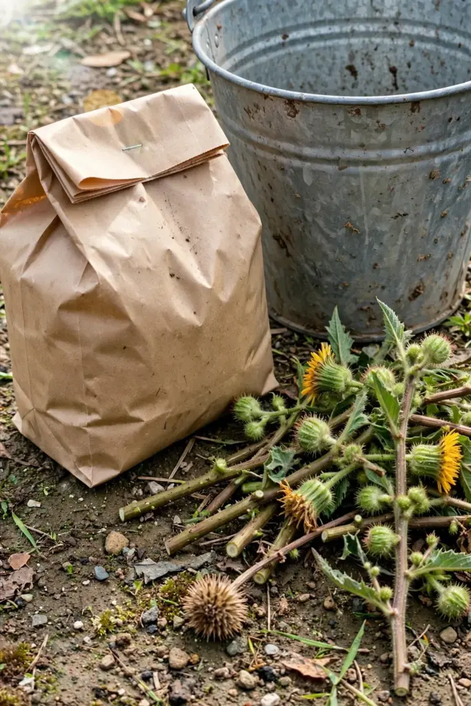Sealed paper bag of tempuyung flower heads beside a bucket after harvest