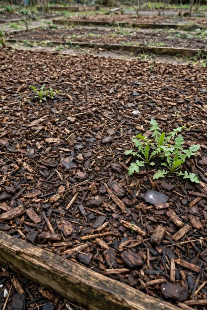 Mulched bed with small tempuyung regrowth shoots pushing through the mulch