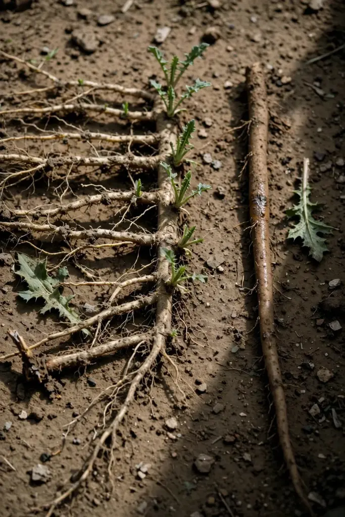 Creeping tempuyung roots beside a single taproot of common sow thistle on bare soil