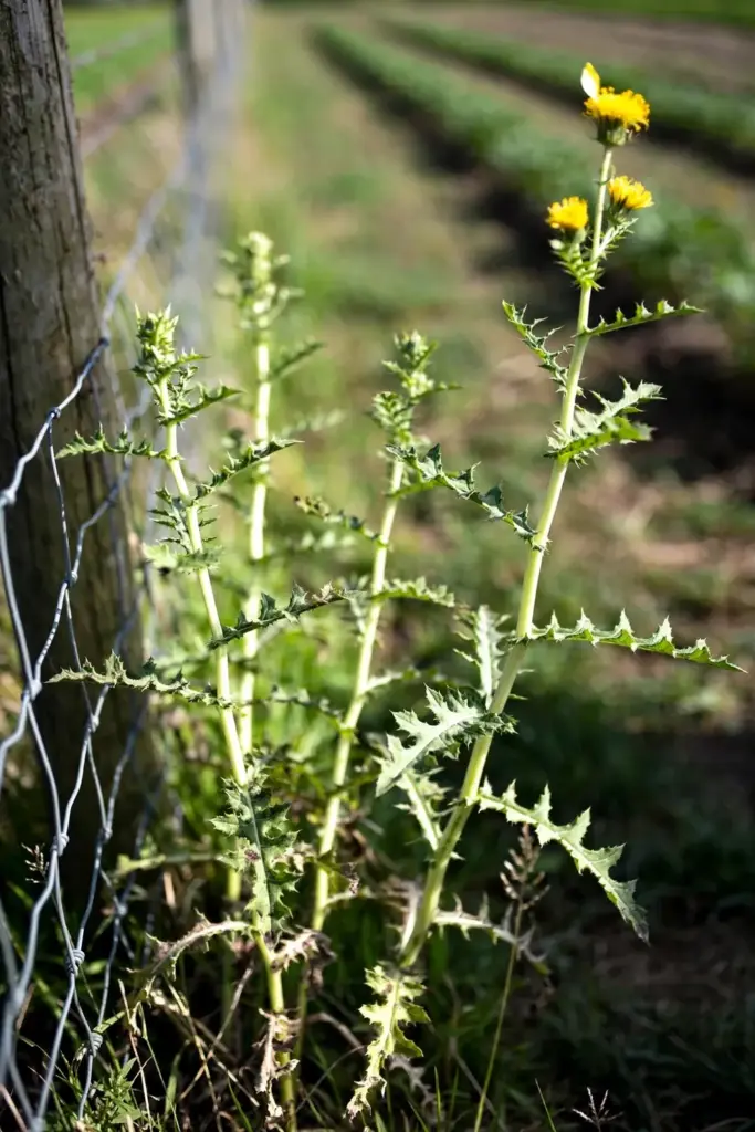 Tempuyung stems at a field edge beside a plain wooden fence post