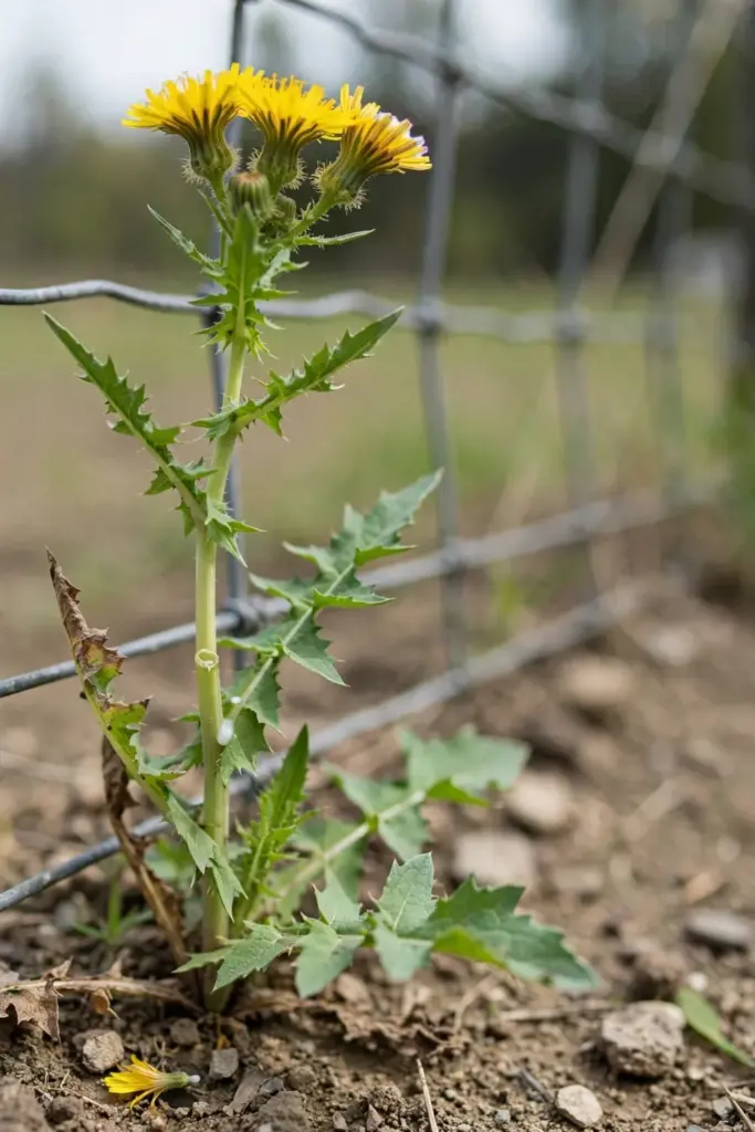 Tempuyung plant showing hollow stem, prickly leaves, yellow heads, and sticky bracts