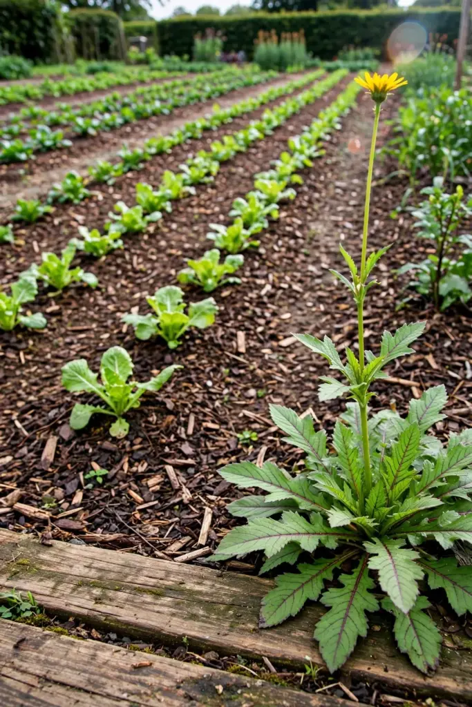 Lone tempuyung plant standing at the edge of a mulched garden bed