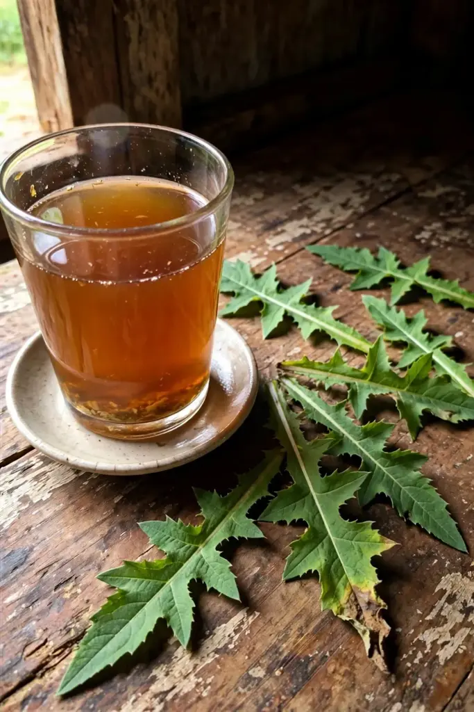 Glass of amber tempuyung jamu beside fresh prickly tempuyung leaves on a timber board