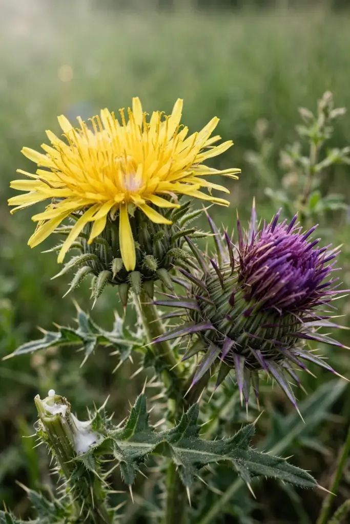 Yellow sow thistle head beside a purple true thistle head for comparison