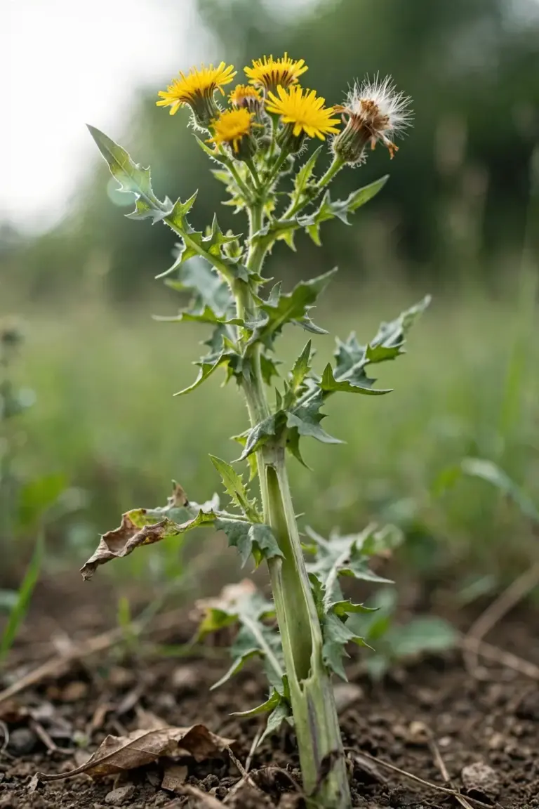 Tall tempuyung plant in full yellow flower with prickly lobed leaves and a hollow stem