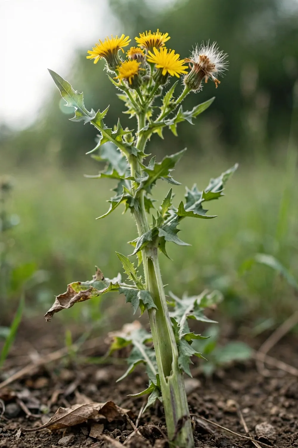 Tall tempuyung plant in full yellow flower with prickly lobed leaves and a hollow stem