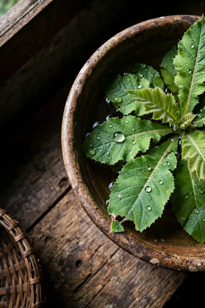 Young tempuyung leaves washed in a rustic bowl with water droplets