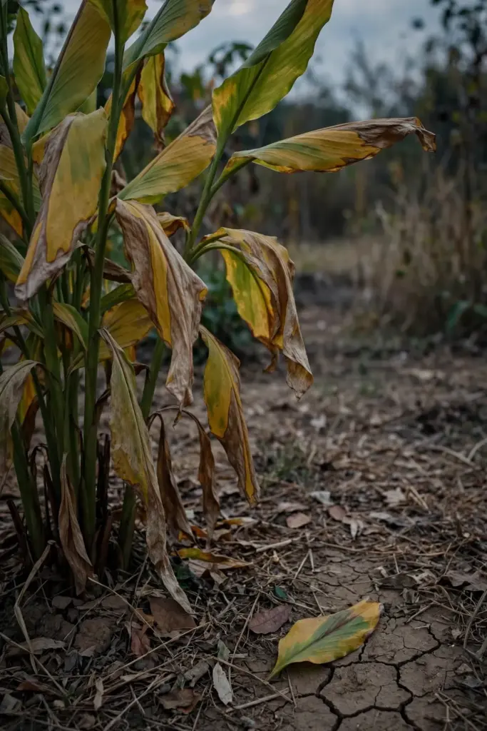 Temulawak clump with yellowing leaves at the dry season in fading light