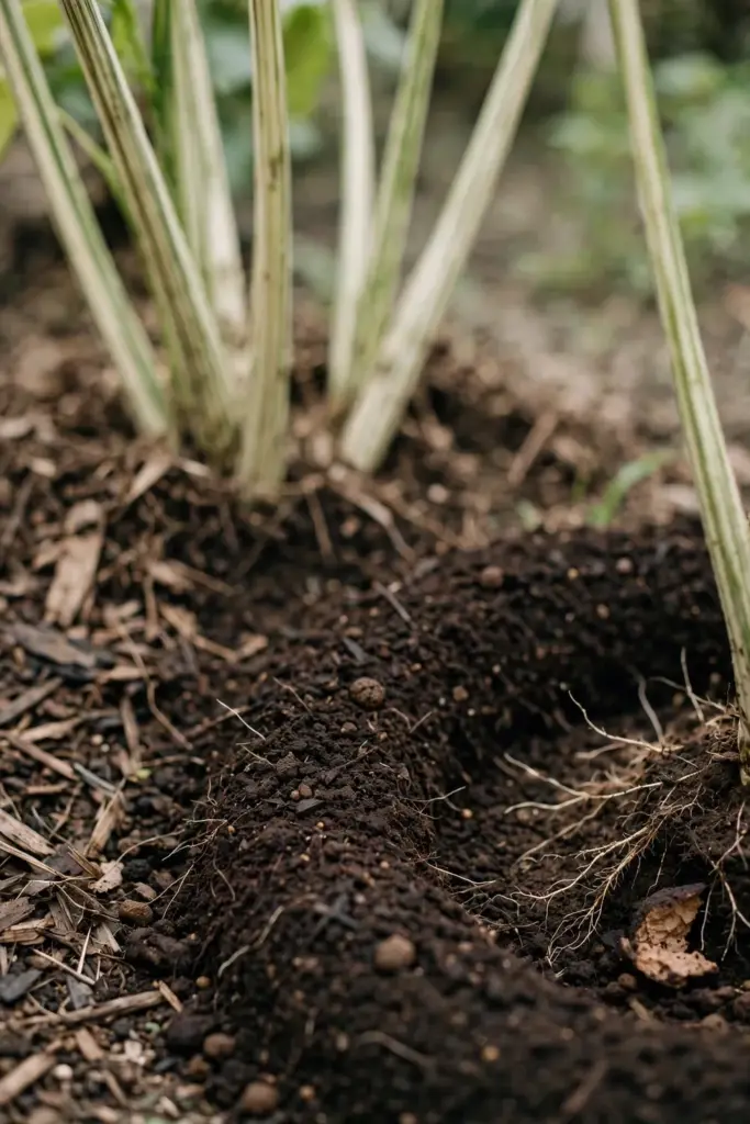 Compost top-dressing spread around the base of a temulawak plant