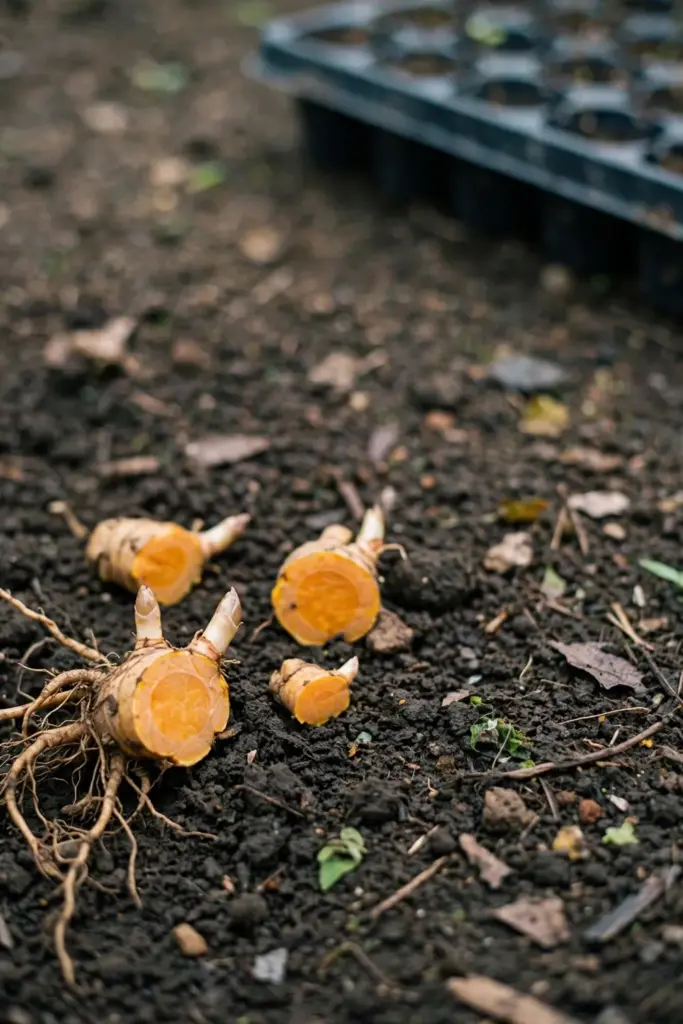 Divided temulawak rhizome pieces with buds spread on dark soil