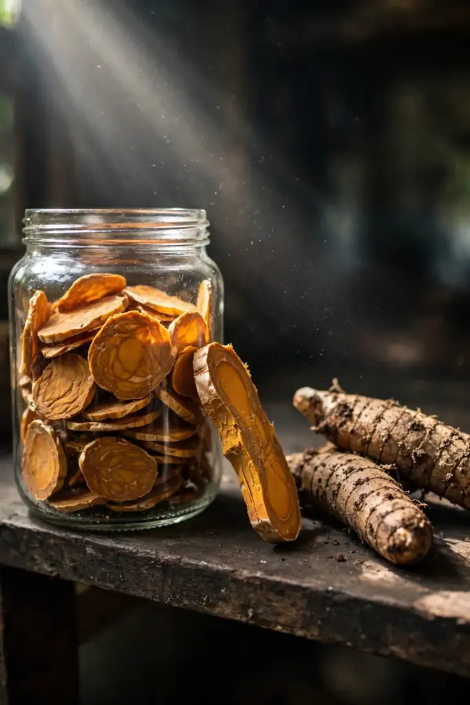 Dried temulawak slices stored in a glass jar beside fresh rhizomes