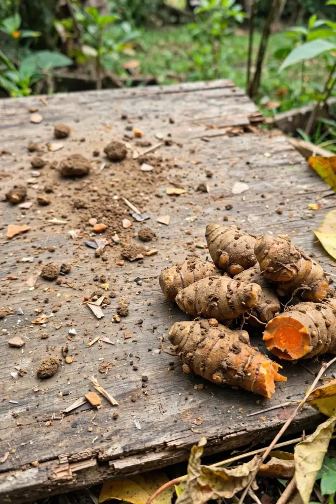 Freshly dug temulawak rhizome clump with soil on a wooden board