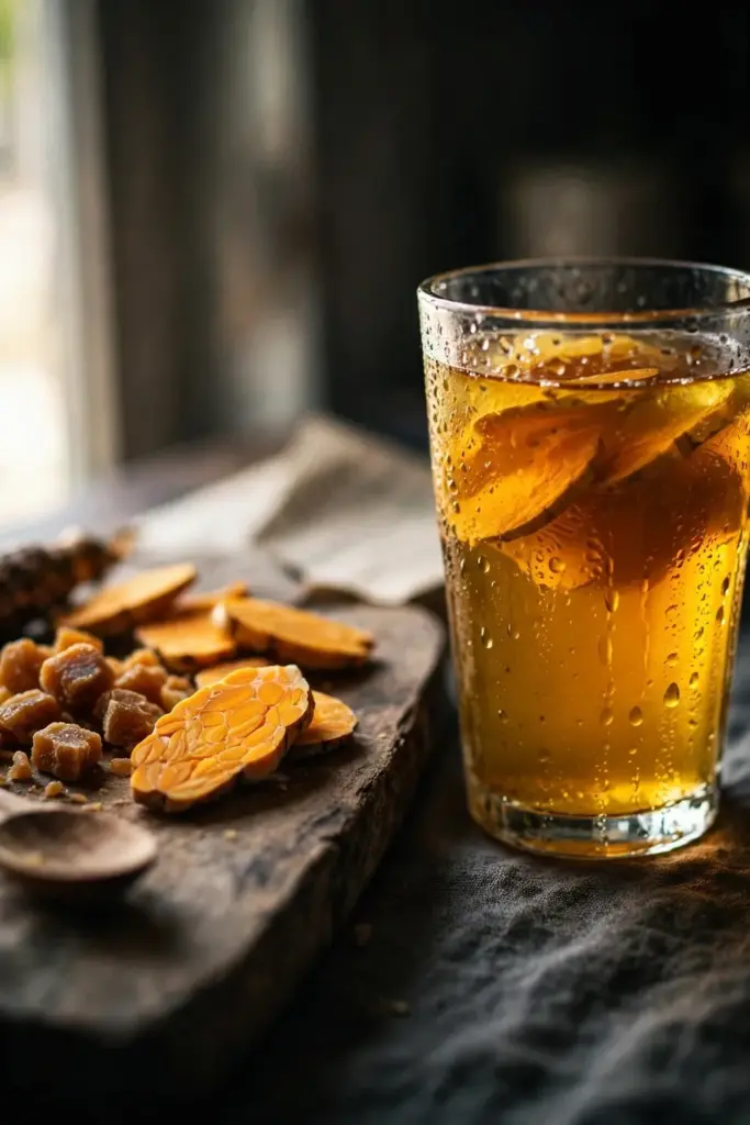 Glass of amber temulawak jamu with fresh rhizome slices beside it