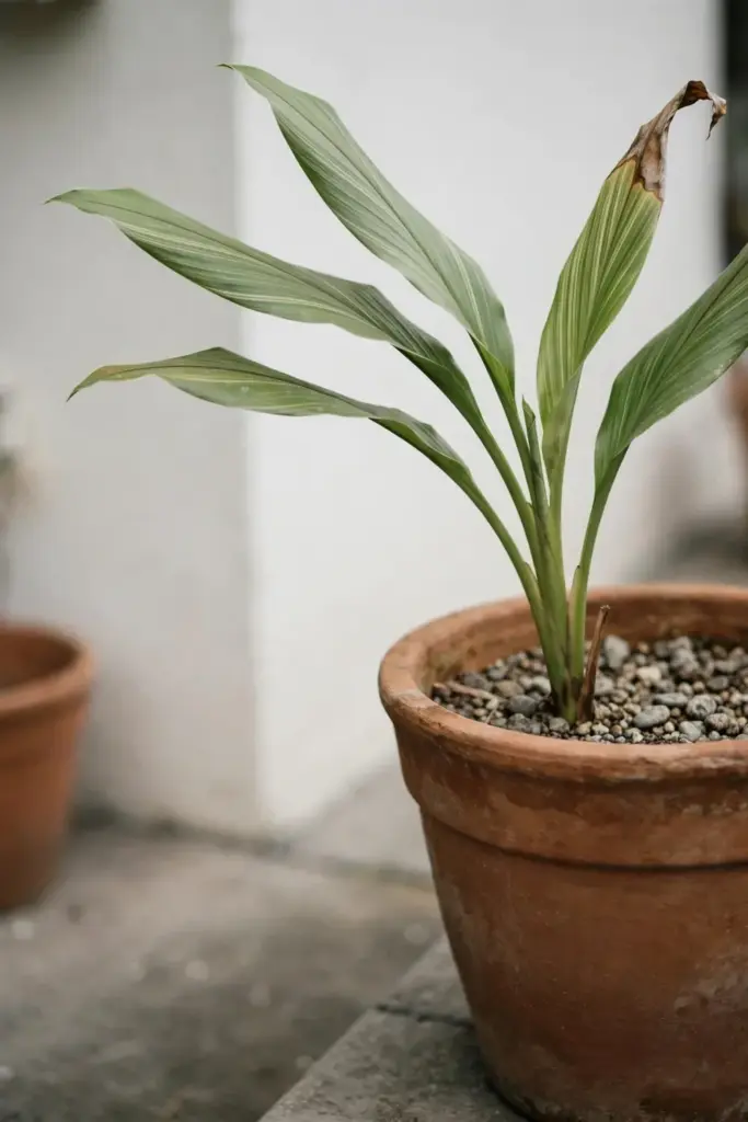 Young temulawak plant growing in a large terracotta pot on a patio
