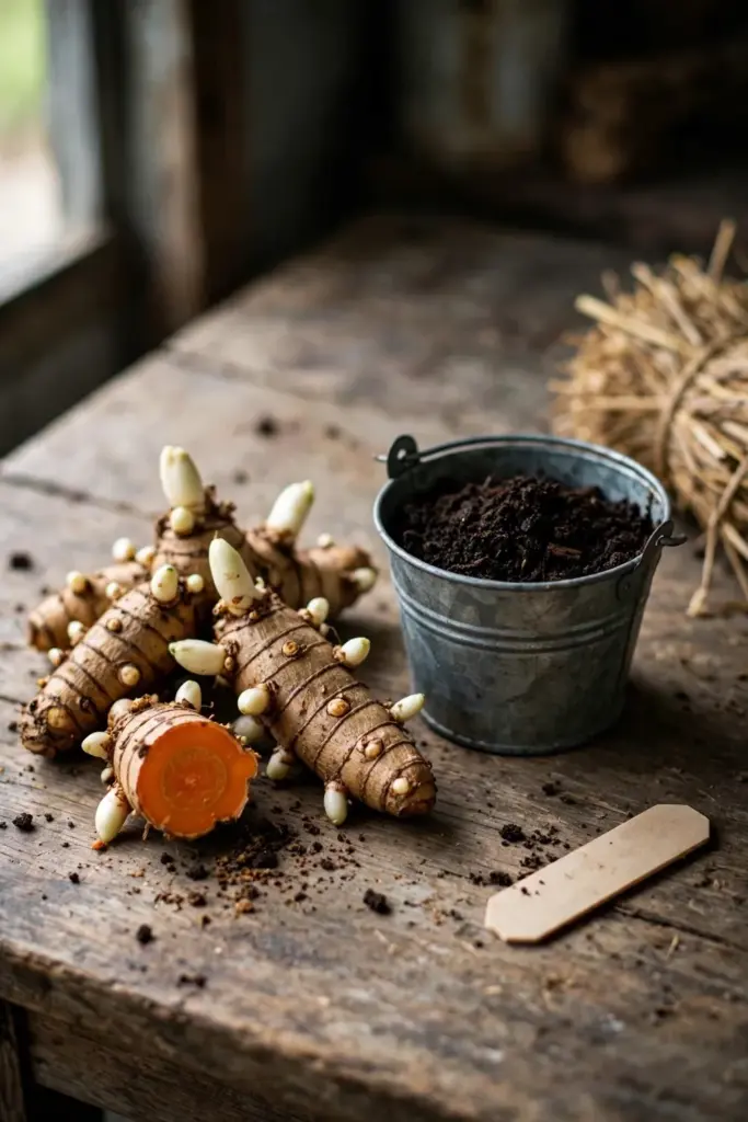 Temulawak rhizome pieces with buds beside compost and mulch on a wooden table