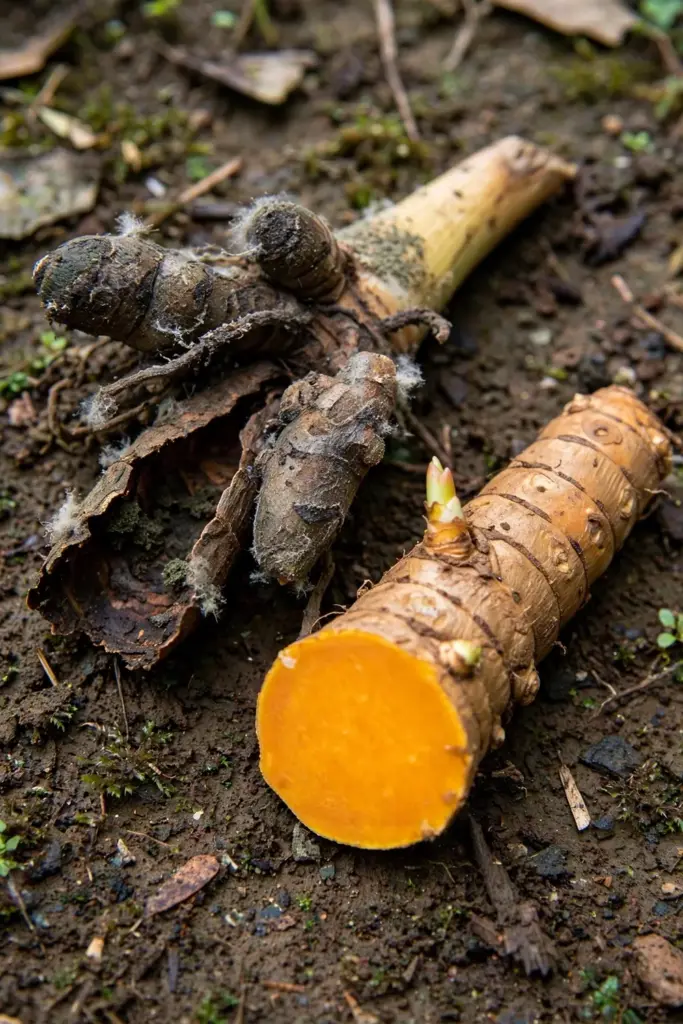 Soft rotted temulawak rhizome beside a firm healthy piece on soil