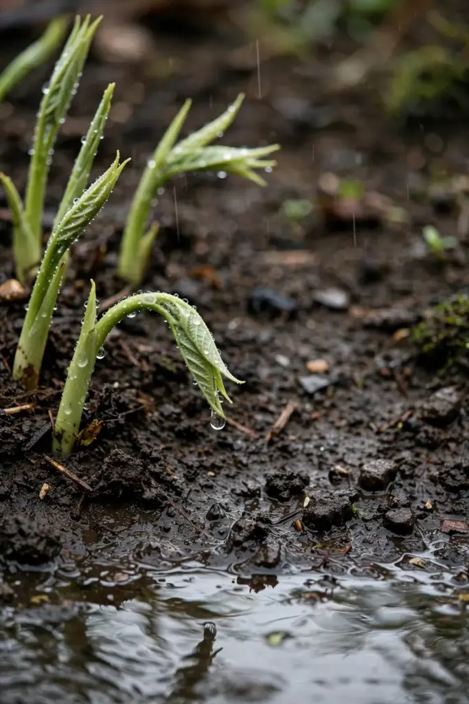 Young temulawak shoots emerging from rain-wet soil at the wet season start