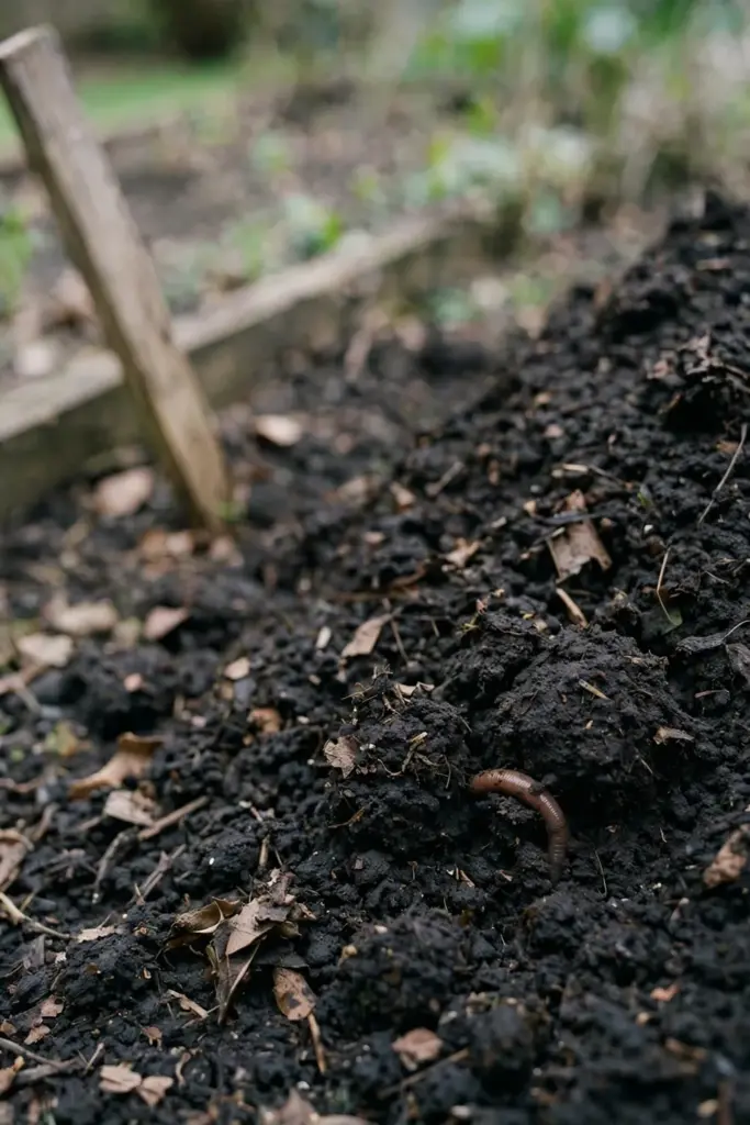 Dark compost-rich soil mix being prepared in a garden bed for temulawak