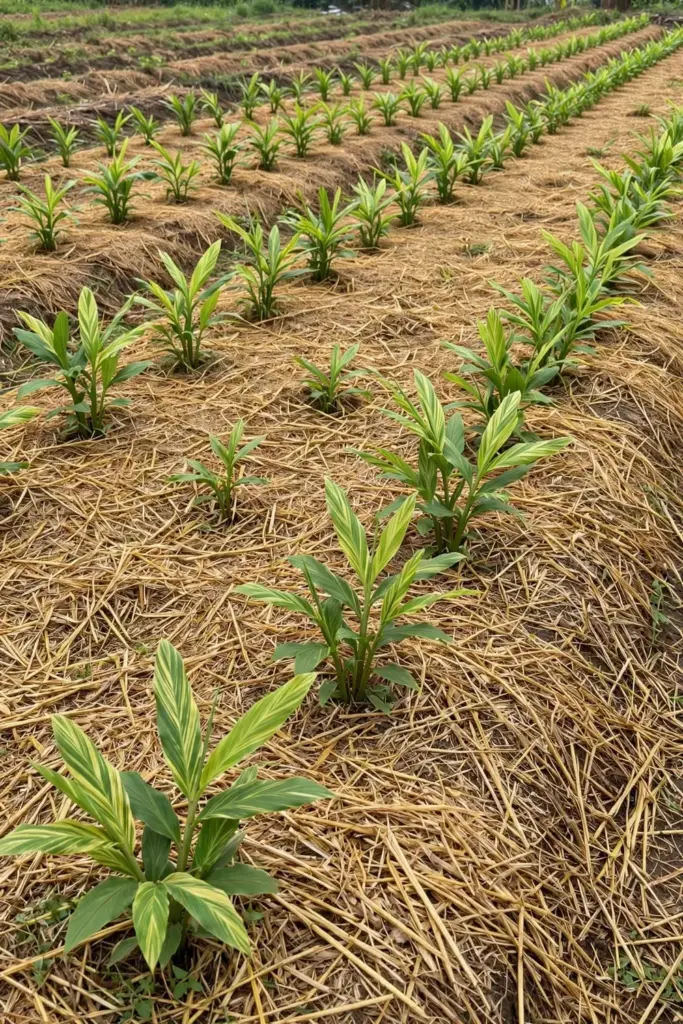 Widely spaced young temulawak plants in rows across a mulched bed